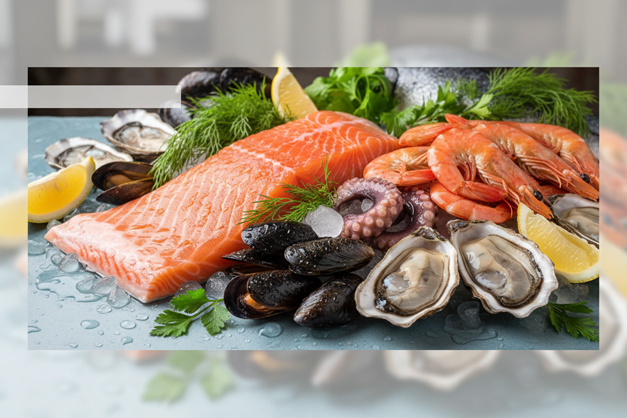 згенеруй банер з рибою і морепродуктами